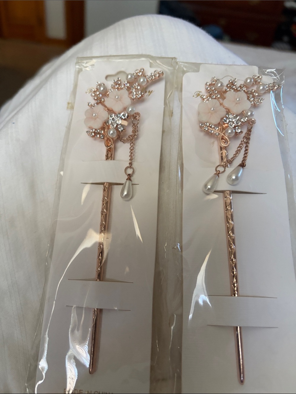 Yellow Goldtone Floral Hair sticks,  w/Pearls and rhinestones nice for Weddings